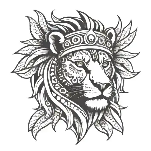a lion head in an Inca sun tattoo design idea