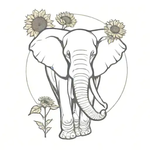 elephant head trunk up and sunflowers tattoo design idea