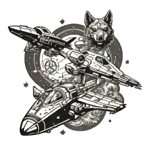 An intricate blackwork tattoo of a space battle scene from Star Wars, with Mario Kart characters joining the fight alongside native heritage-inspired creatures like wolves and eagles tattoo design idea
