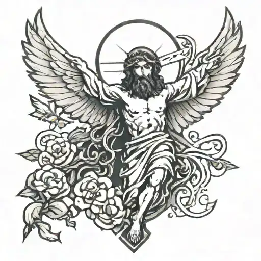 jesus and the cross with dove flying tattoo design idea