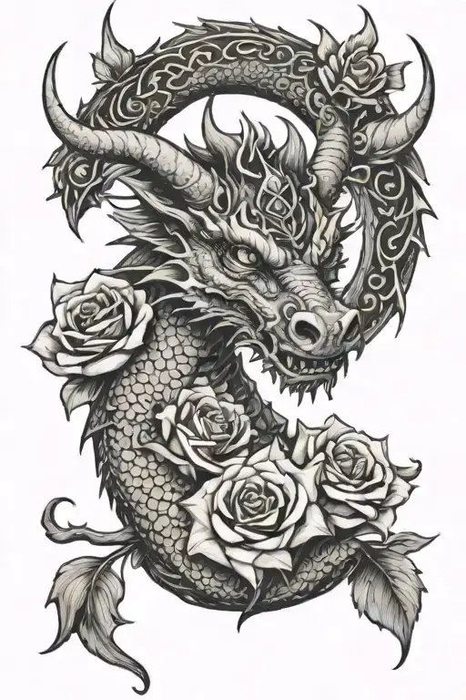 dragon with roses and crown Aries tattoo design idea