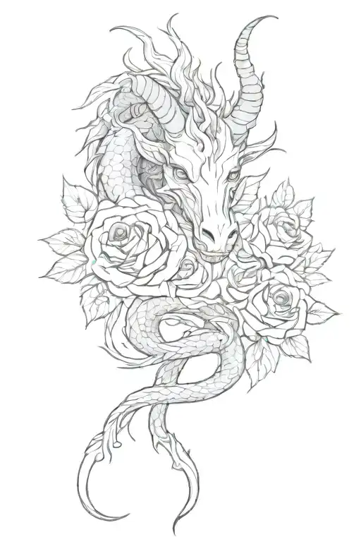Aries in the form of a dragon with roses tattoo design idea