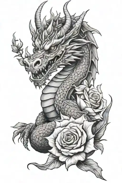 dragon with roses and crown tattoo design idea