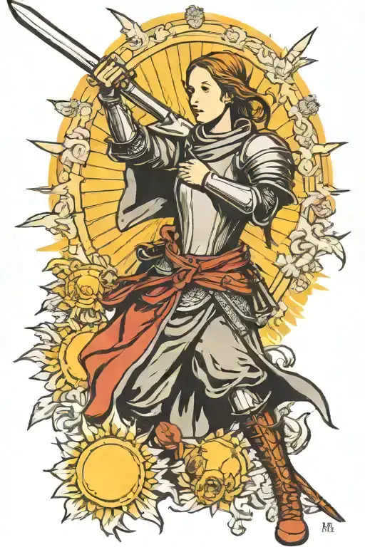 Joan of arc with sword, sun background tattoo design idea