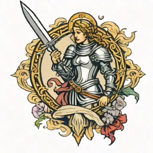Joan of arc with sword and halo background tattoo design idea