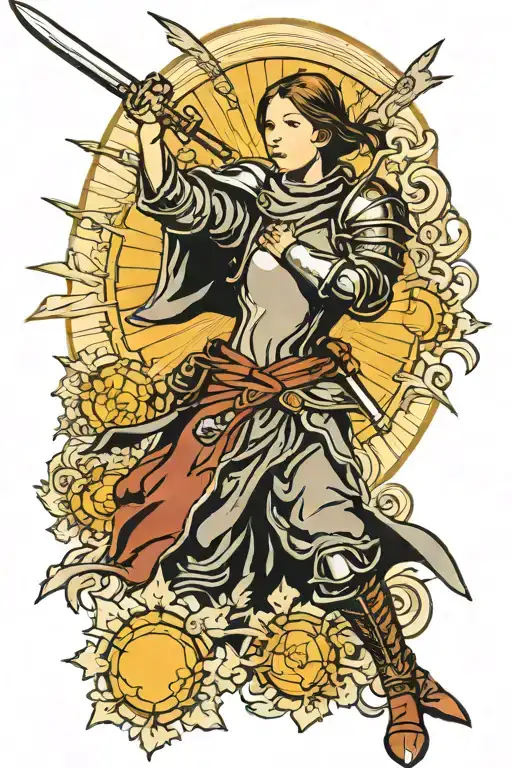 Joan of arc with sword, sun background tattoo design idea