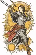 Joan of arc with sword, sun background tattoo design idea