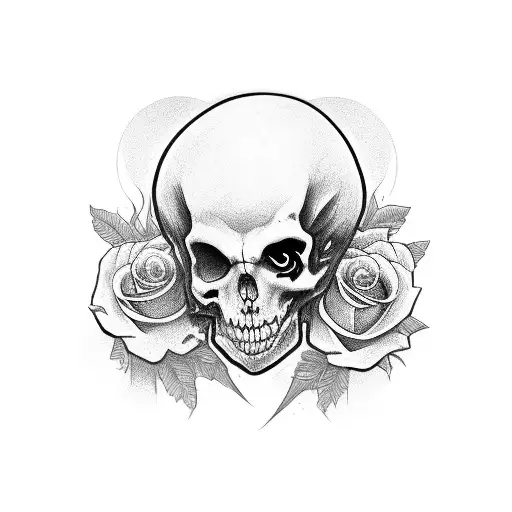 caveira sobre rosas e corvo em cima tattoo design idea