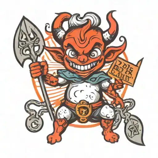 Small baby devil holding pitchfork in one hand and a bag of money in another tattoo design idea