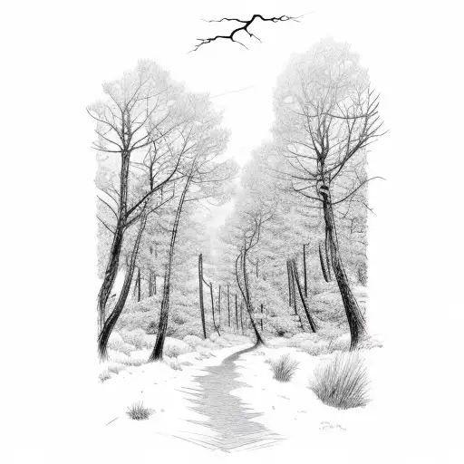 winding trail through forest with cloudy sky and lightning tattoo design idea