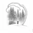 runner on winding trail through forest with cloudy sky and lightning tattoo design idea