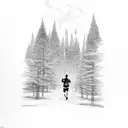 runner on winding trail through forest with cloudy sky and lightning tattoo design idea