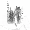 runner on winding trail through forest with cloudy sky and lightning tattoo design idea
