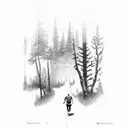 runner on winding trail through forest with cloudy sky and lightning tattoo design idea
