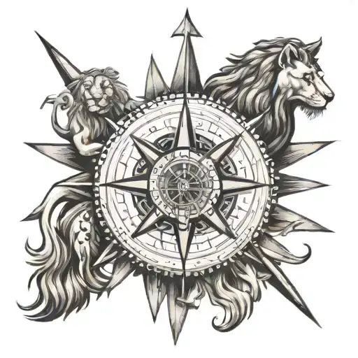 lion compass anchor wheel of dharma tattoo depicting kindess tattoo design idea