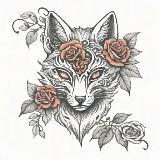 kitsune mask and red roses tattoo design idea