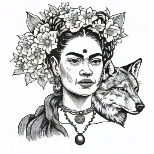 A portrait of Frida Kahlo with a wolf companion and cherry blossoms in the background tattoo design idea