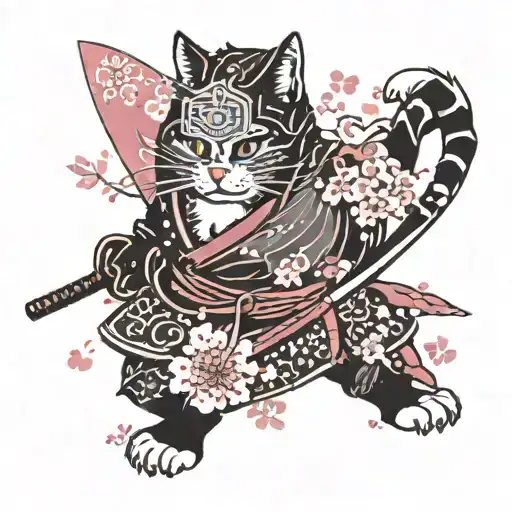 A cat dressed as a samurai warrior with cherry blossom petals falling around it tattoo design idea