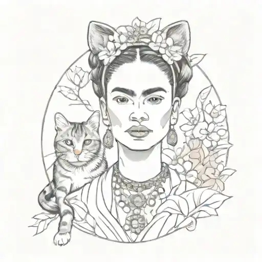 A portrait of Frida Kahlo with a cat cherry blossoms in the background Japanese  tattoo design idea