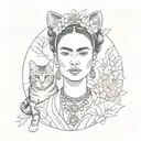 A portrait of Frida Kahlo with a cat cherry blossoms in the background Japanese  tattoo design idea