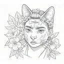 A portrait of Frida Kahlo with a cat cherry blossoms in the background Japanese  tattoo design idea