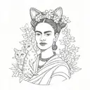 A portrait of Frida Kahlo with a cat cherry blossoms in the background Japanese  tattoo design idea