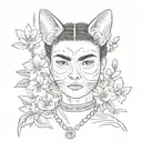 A portrait of Frida Kahlo with a cat cherry blossoms in the background Japanese  tattoo design idea