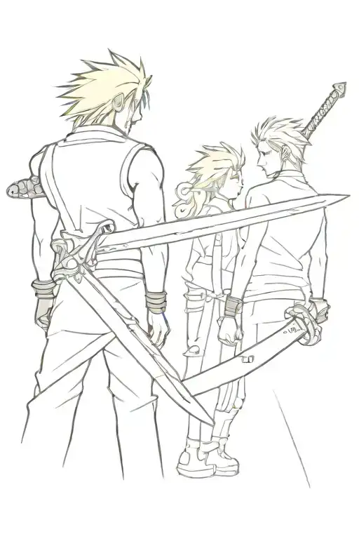 FF7 rebirth. Clound and Zack standing with their backs to each other, buster sword separates them in the middle tattoo design idea