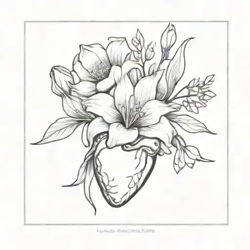 anatomical heart surrounded daffodil, daisy, lily of the valley, rose, morning glory tattoo design idea