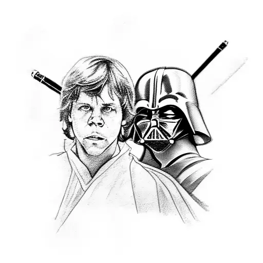 A sketch-style tattoo of Luke Skywalker facing Darth Vader, with their lightsabers crossed in a dramatic pose tattoo design idea