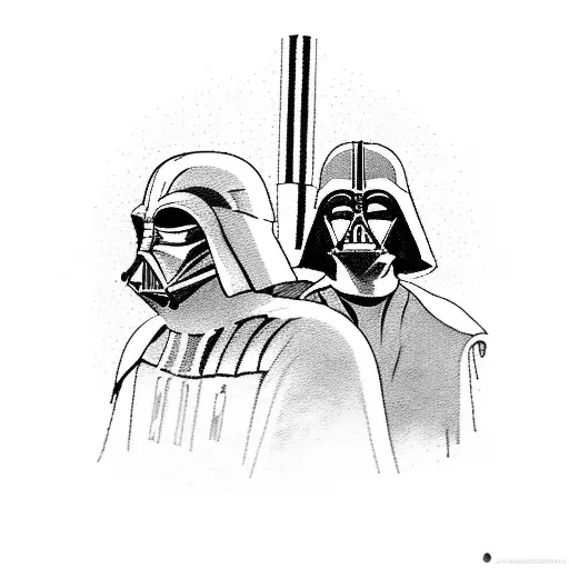 Darth Vader and Luke Skywalker in an epic lightsaber duel with an AT-AT walker in the background tattoo design idea