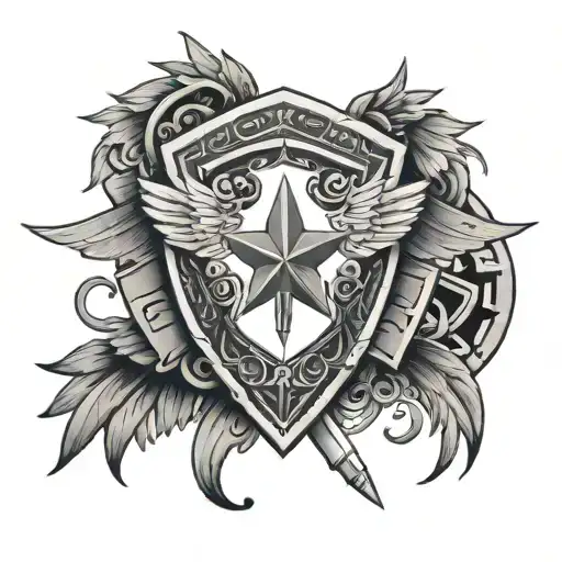 Star, jade seal, wings, sword, shield tattoo design idea