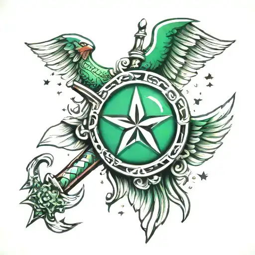 Star, jade seal, wings, sword, shield tattoo design idea