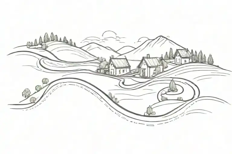 simple winding road between two villages tattoo design idea