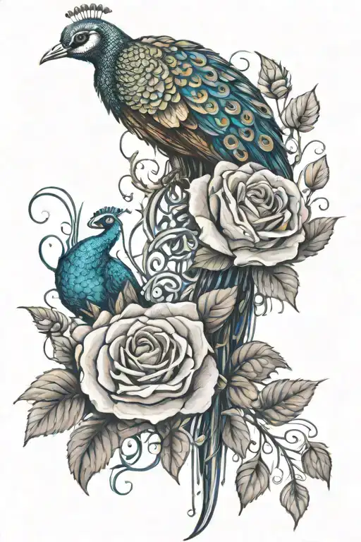 longstem roses intertwined with peacock intertwined with dripping blood tattoo design idea