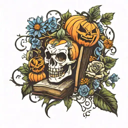 jack-o-lantern, books, vines, surrounded by florals tattoo design idea