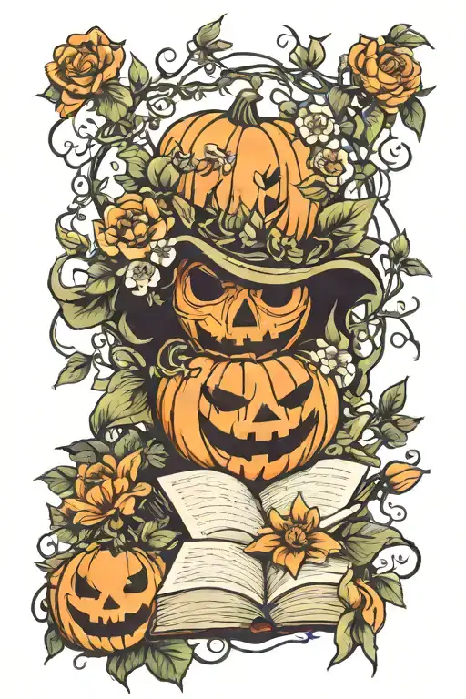 jack-o-lantern, books, vines, surrounded by florals tattoo design idea