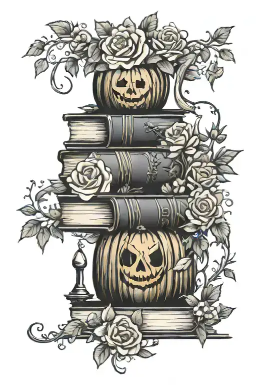 jack o latern stack of books flowers vines pretty elegant  tattoo design idea