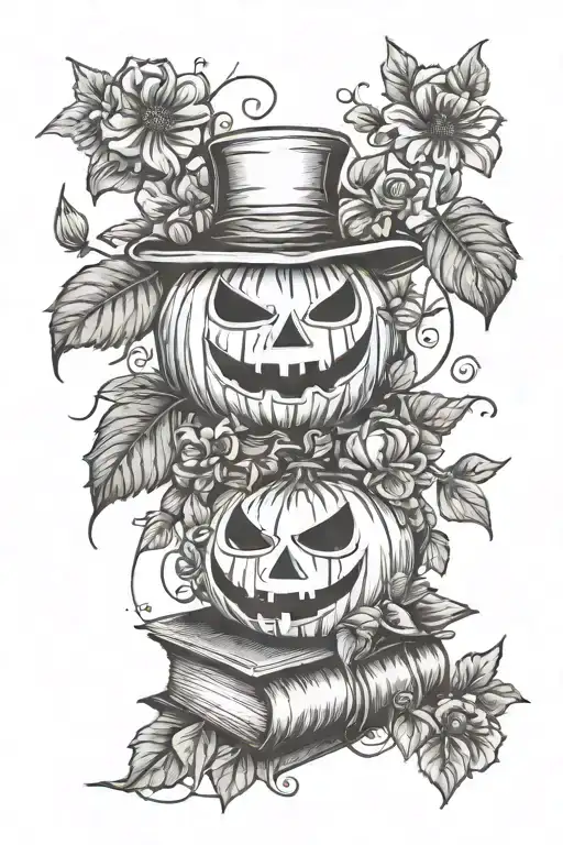 jack-o-lantern, books, vines, vintage, surrounded by florals tattoo design idea