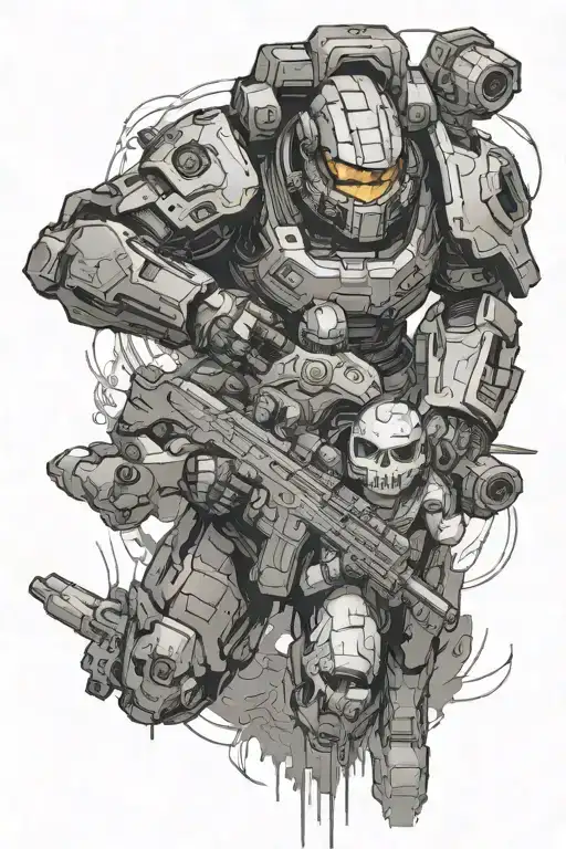 Gears of war, halo, helldivers 2 black lines connecting different tattoo design idea