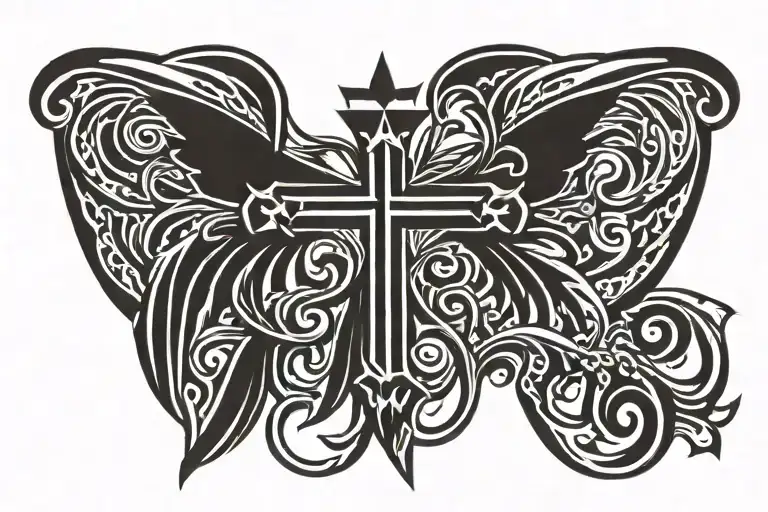 tribal cross with wings and a crown with "Fear God" written  tattoo design idea