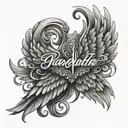 angel wings spread with name written tattoo design idea