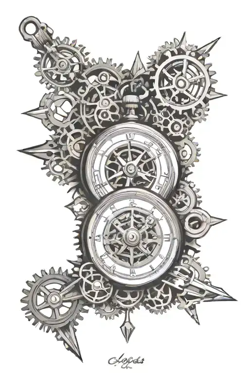compass pocket watch surrounded by gears tattoo design idea