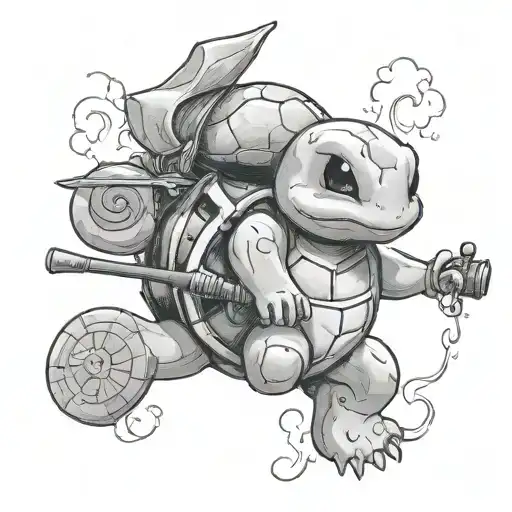 squirtle who is a magician holding frieren's staff  tattoo design idea