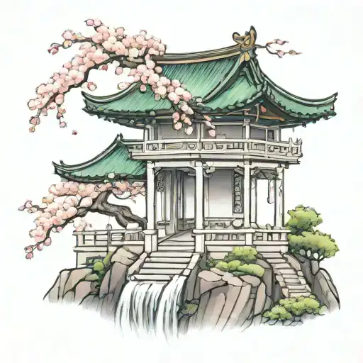 Chinese gazebo at the top of arm with cherry blossom tree overhanging with leaves falling into waterfall tattoo design idea