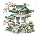 Chinese gazebo at the top of arm with cherry blossom tree overhanging with leaves falling into waterfall tattoo design idea