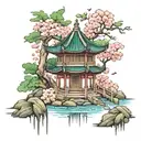 Chinese gazebo at the top of arm with cherry blossom tree overhanging with leaves falling into waterfall tattoo design idea