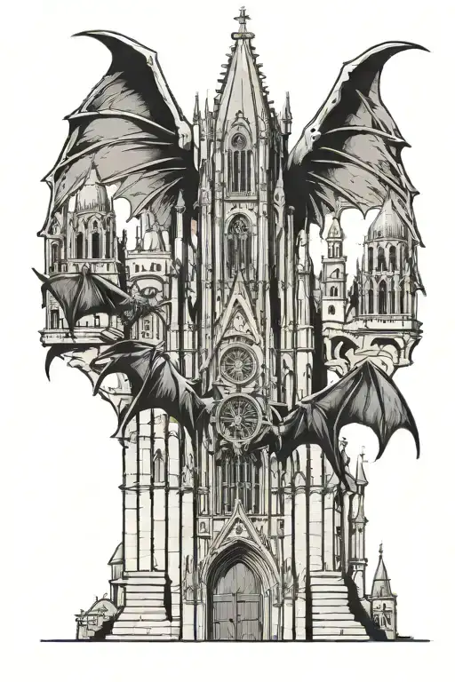 A Gothic tower resembling the Cologne Cathedral, with gargoyles perched on it, featuring bat-like wings. tattoo design idea