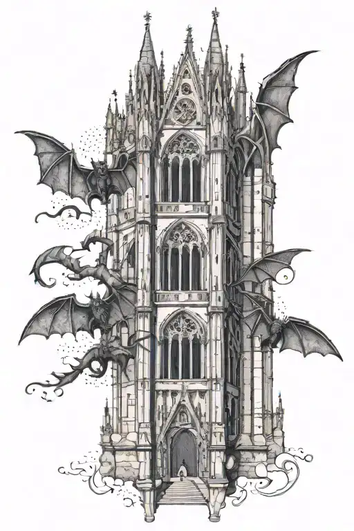 A Gothic tower resembling the Cologne Cathedral, with gargoyles perched on it, featuring bat-like wings. tattoo design idea