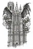 A Gothic tower resembling the Cologne Cathedral, with gargoyles perched on it, featuring bat-like wings. tattoo design idea